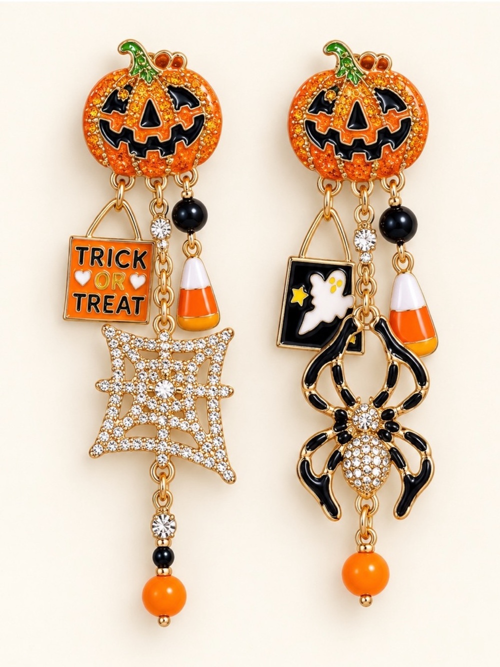 Halloween Pumpkin Spider Crystal Dangle Earrings